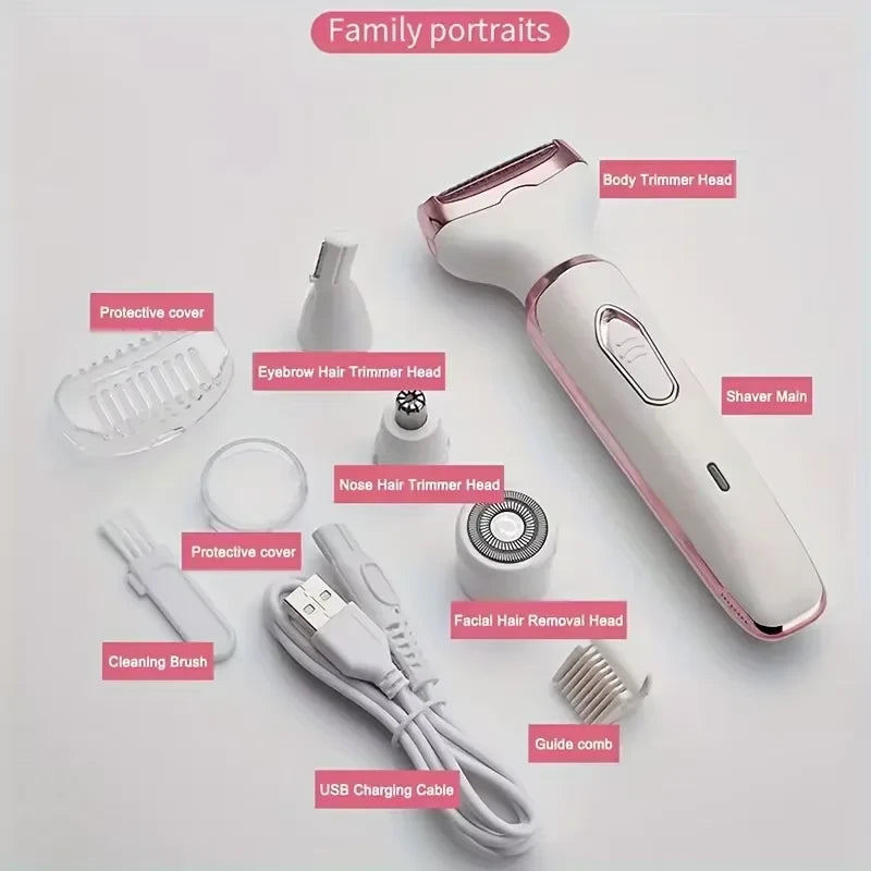 Cordless 4-in-1 Women Shaver with interchangeable attachments – shaving and trimming