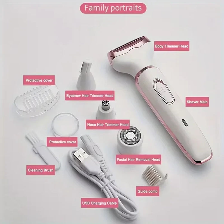 Cordless 4-in-1 Women Shaver with interchangeable attachments – shaving and trimming