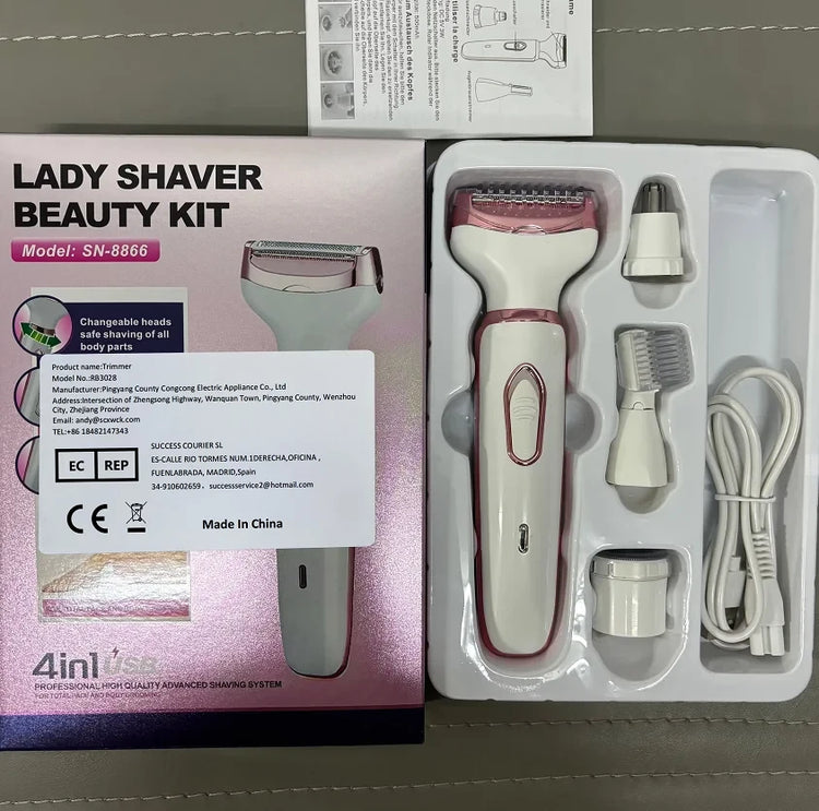 Cordless 4-in-1 Women Shaver with interchangeable attachments – shaving and trimming