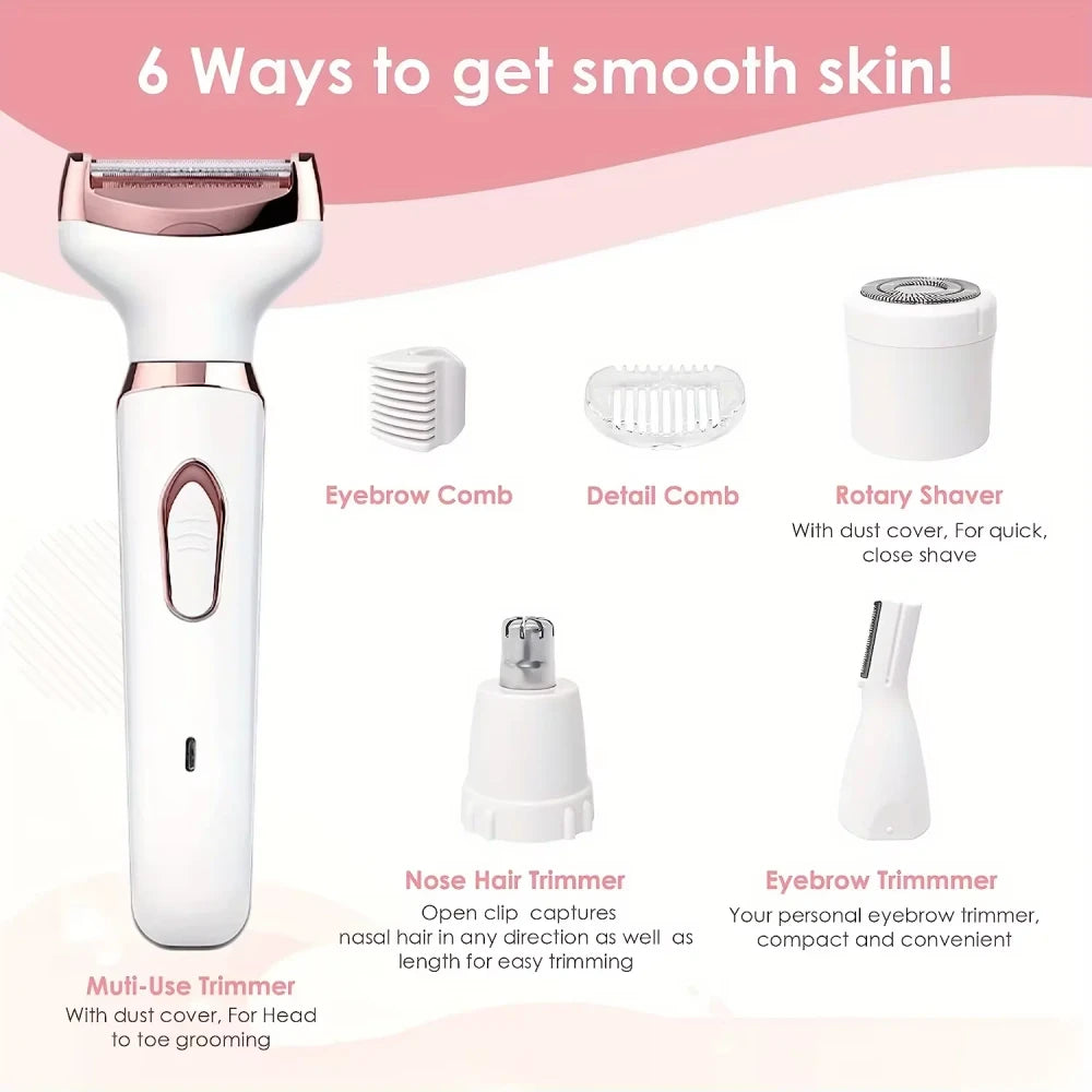 Cordless 4-in-1 Women Shaver with interchangeable attachments – shaving and trimming