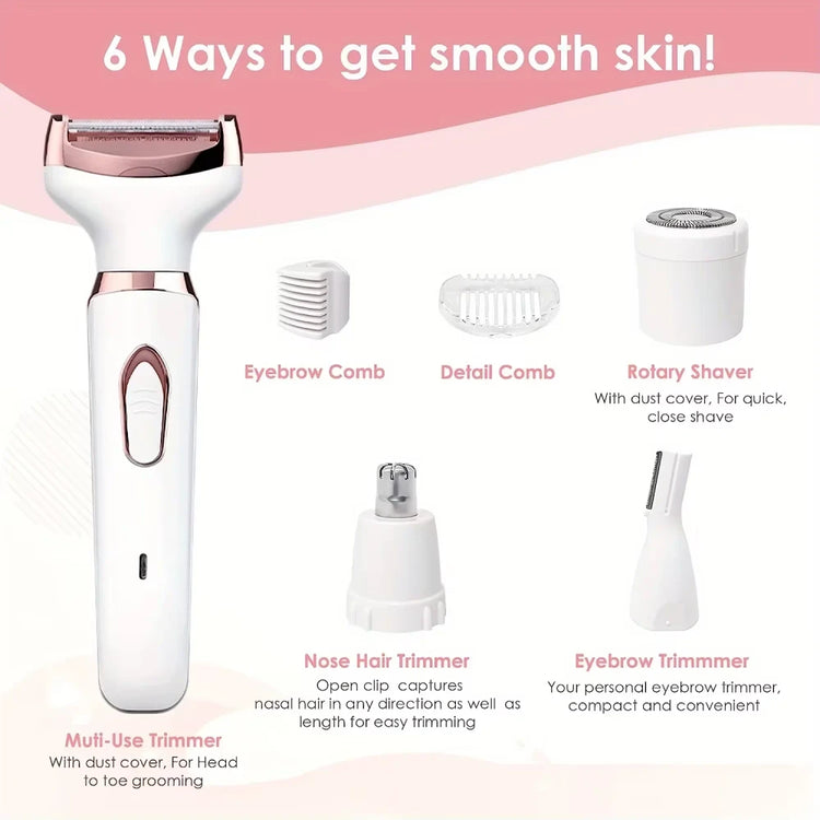 Cordless 4-in-1 Women Shaver with interchangeable attachments – shaving and trimming
